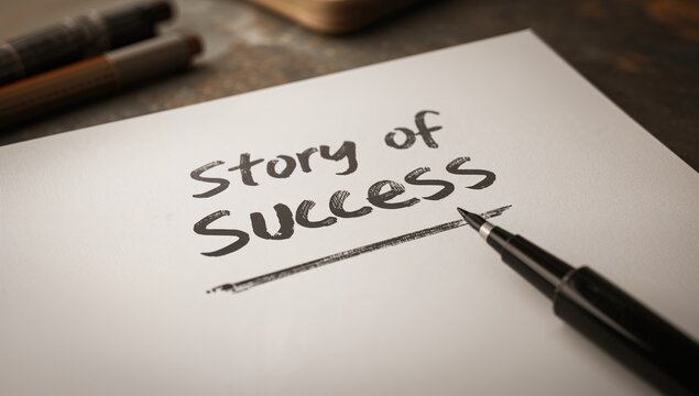 Success story written in marker on white paper, emphasizing achievement