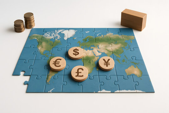 Global Finance and Currency Exchange Depicted on World Map Puzzle