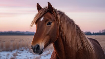 Obraz premium Portrait of a Horse in a Meadow during Twilight, seasonal change