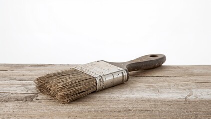 Worn Paint Brush Resting on Wooden Surface, maintenance