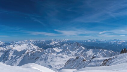 Obraz premium Snow-covered mountain slopes and peaks under a clear sky, highlighting seasonal change