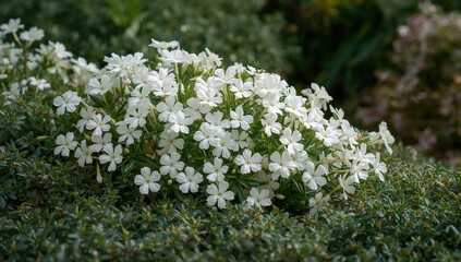 White phlox flowers blooming over a creeping thyme background, seasonal change