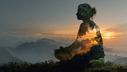 A woman is sitting on a hillside with trees surrounding her