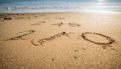 Numbers etched in the sand along the shore, representing a countdown from 1 to 0, seasonal change