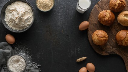Ingredients and dishes arranged on a black concrete table, showcasing flour and three eggs with a slate board, culinary preparation backdrop