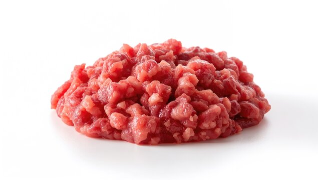 Raw minced beef displayed against a clean white background, potential food safety concerns