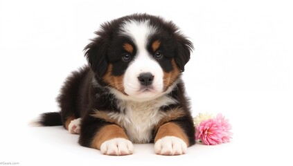 Fototapeta premium Bernese Mountain Dog puppy against a plain white backdrop, focus on companionship