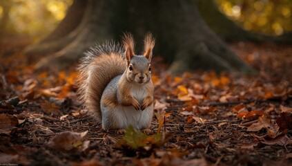 A solitary squirrel perched on the forest floor, displaying focus in its natural habitat