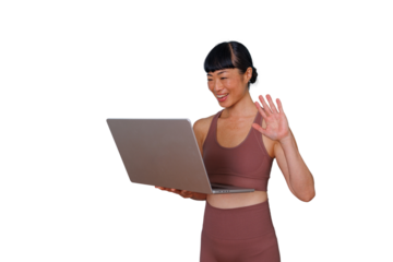 Woman smiling using phone, texting and browsing social media transparent on a digital device, white space on the right