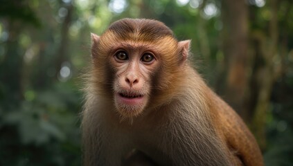 Naklejka premium Long-tailed Macaque Monkey in a tropical forest, highlighting social behavior
