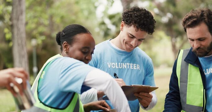 Packing, food drive and people with boxes outdoor for nonprofit, charity or community outreach. Groceries, helping and group of volunteers with parcels for donation with social responsibility in park