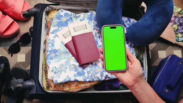 Checklist for packing luggage in smartphone with a green screen before vacation, hand holding the phone with chroma key. High quality 4k footage