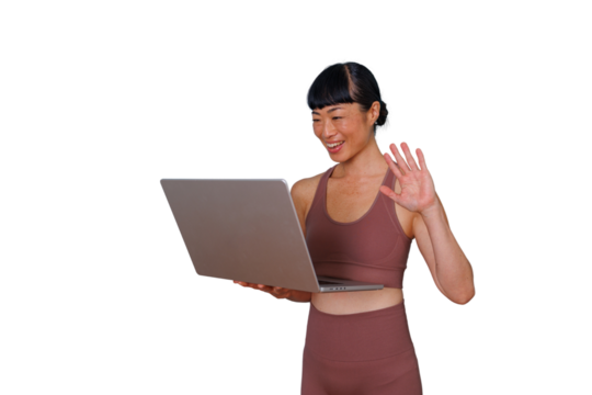 Woman smiling using phone, texting and browsing social media transparent on a digital device, white space on the right