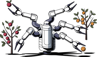 Naklejka premium Futuristic agricultural robot harvesting apples smart farming technology vector illustration