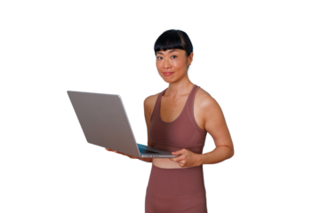 Mature woman smiling while using a smartphone for social media or messaging, standing on a transparent background