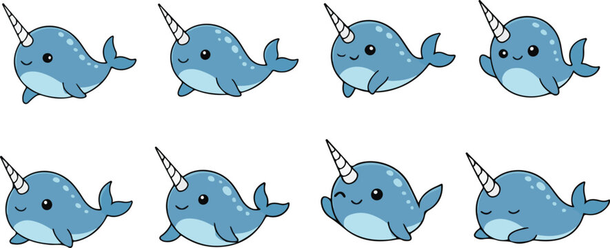vector illustration of narwhal funny cute cartoon mascot character cartoon with 8 poses 01