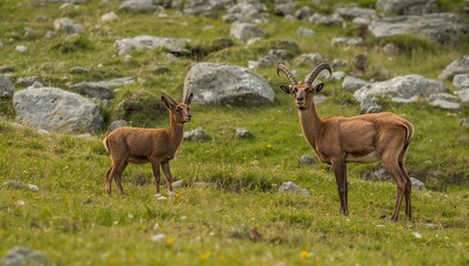 Chamois and cubs on green alpine meadow with rocky boulders, showcasing wildlife dynamics