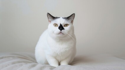 White cat resting on a bed, showcasing its fluffy fur and adorable expression, highlighting isolation