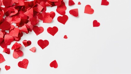 Red heart-shaped confetti scattered across a pristine white backdrop, celebrating Valentine's Day