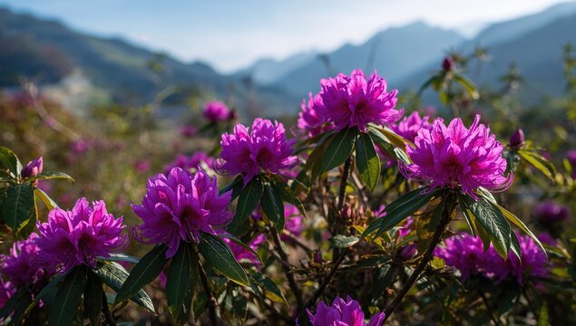Blooming purple flowers of rhododendron bushes in spring, showcasing seasonal change