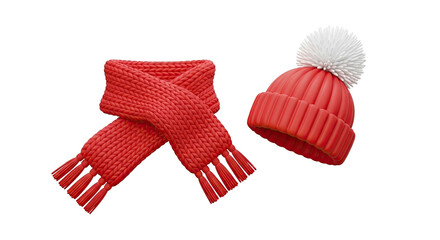 A red knitted hat and scarf with a white pom-pom on a png transparent.