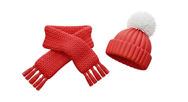A red knitted hat and scarf with a white pom-pom on a png transparent.