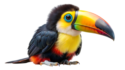A vibrant and colorful toucan bird with a large, striking beak, isolated on a clean transparent background, showcasing its exotic plumage and unique features in a studio portrait