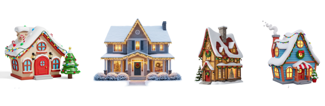 A collection of festive houses with snow-covered roofs and Christmas decorations. - Powered by Adobe