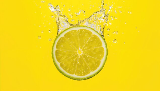 Sliced lemon fruit with water droplets on a bright yellow backdrop, refreshing ingredient for beverages