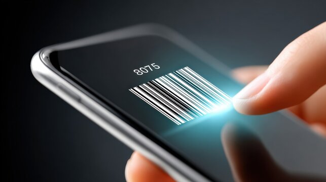 Smartphone scanning a barcode with a finger, showcasing modern technology and digital interaction, emphasizing convenience and efficiency in retail transactions