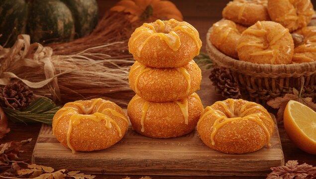 Delicious pumpkin donuts topped with lemon icing, a fiber-dense choice, National Donut Day - Powered by Adobe
