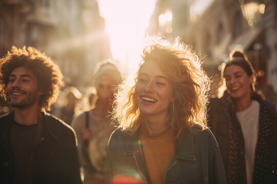 Carefree friends laughing on a sunlit city street at golden hour — youthful urban lifestyle group enjoying an evening stroll - Powered by Adobe