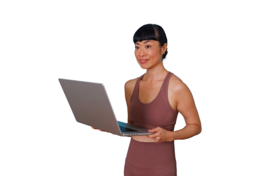 Mature business woman with curly hair holding smart phone, smiling, exuding confidence and professionalism. Transparent background