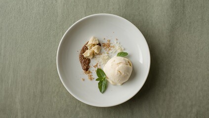Phistachio truffle ice cream presented on a white dish, indulgent treat