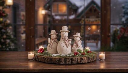 The wooden table is adorned with playful snowmen, seasonal decoration for winter festivities