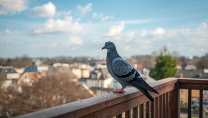 Pigeon perched on balcony railing of a building, urban density