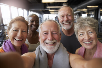 Smiling group of active seniors taking a selfie at the gym, celebrating healthy aging, friendship and fitness for mature adults