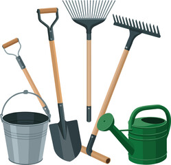 Garden work tools collection with shovel rake and bucket vector © MDMUKTADIR