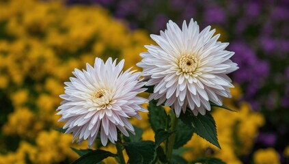 A close-up view of blooming white and light pink chrysanthemum flowers in a lively garden, seasonal change