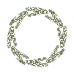 Circle Christmas wreath, border or frame of fir tree. Holiday decoration for greeting card, poster, invitation and digital design.
