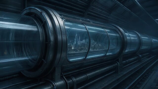 Underground Rapid Transit Network: Cylindrical transparent transport vessel positioned within evacuated tube infrastructure