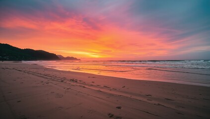 A sunrise over the ocean waves, emphasizing the tranquility of the beach setting