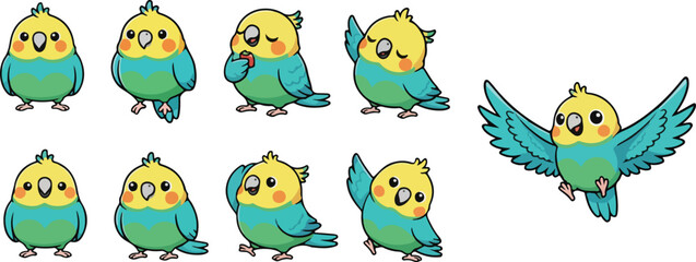 vector illustration of parakeet bird funny cute cartoon mascot character cartoon with 9 poses 