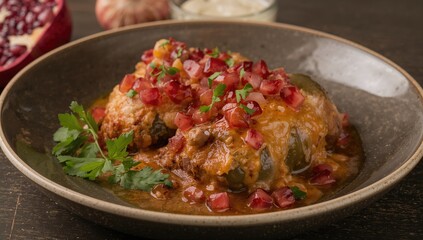 Fototapeta premium Chile en Nogada, Traditional Mexican dish featuring stuffed poblano chili with meat and fruits, rich in flavor and cultural significance