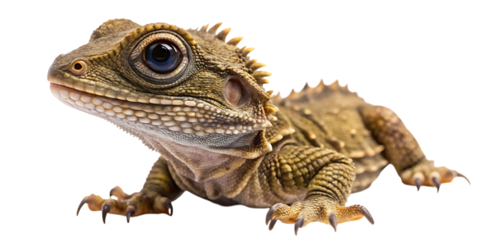 A closeup studio portrait of a tuatara reptile, isolated on a transparent background, showcasing its unique spiky dorsal crest and ancient reptilian features