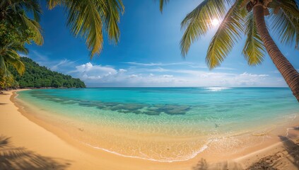Tropical beach scene with sun, sand, and water, ideal for travel destination, tourism promotion