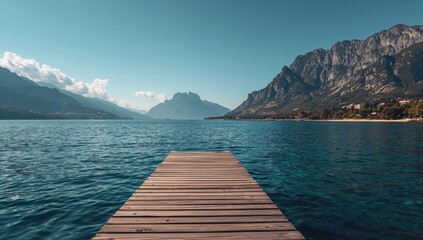 Wooden pier stretching over a serene blue lake, ideal for summer travel and relaxation