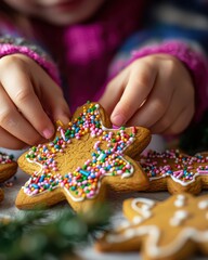 A child decorating gingerbread cookies with colorful icing and sprinkles during the holiday season