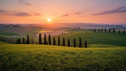 The sun sets over the rural farms of Tuscany, showcasing seasonal change