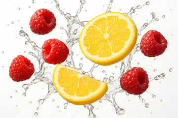 Lemons and Raspberries with Water Splashes: A Refreshing Burst of Flavor